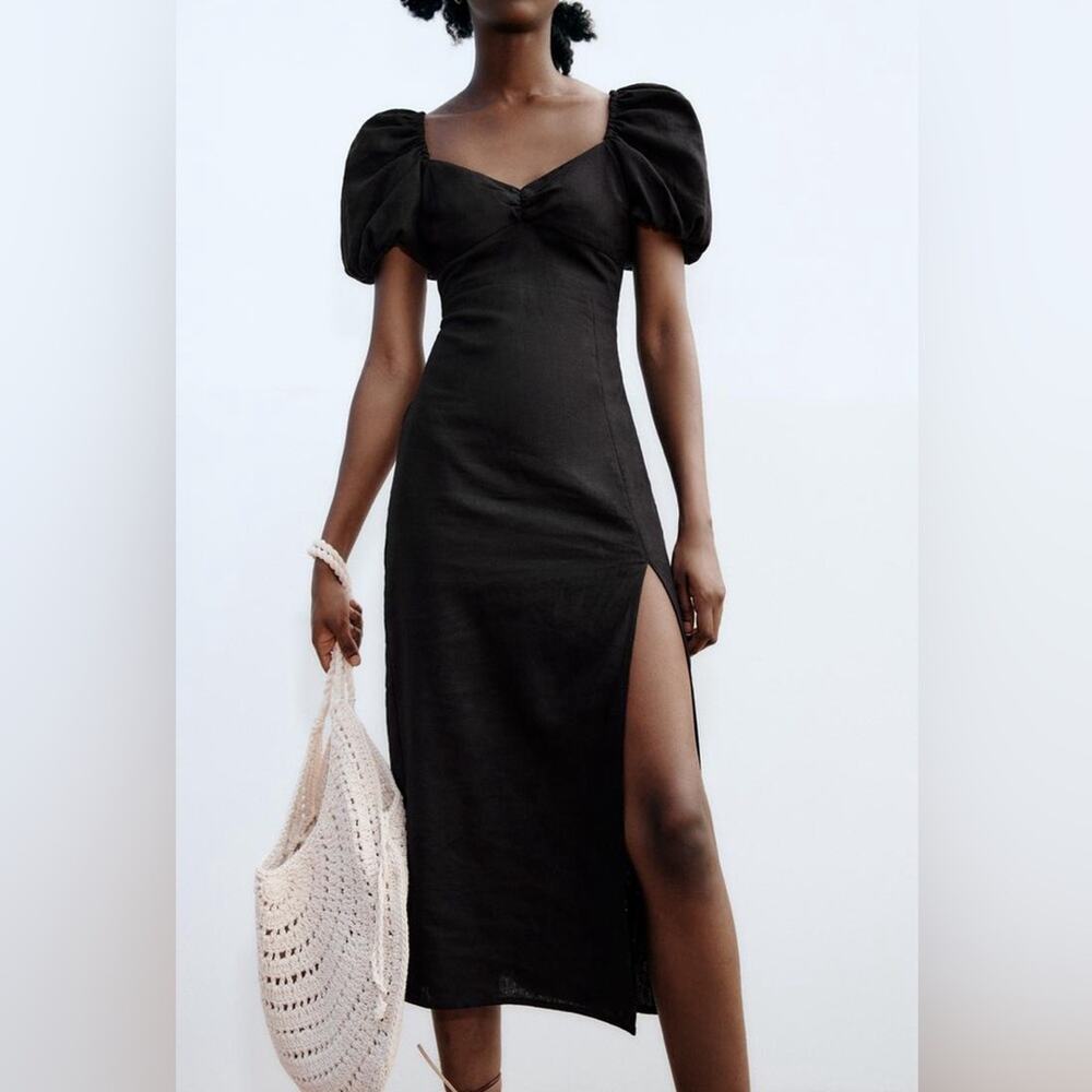 Zara Black Midi Dress with Puff Sleeves